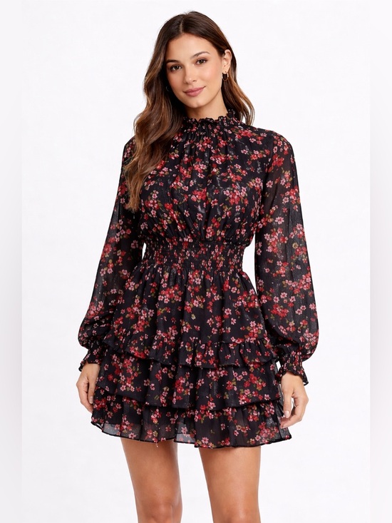 Sam And Jess Dresses & Skirts - Floral Ruffle Tiered Mini Dress - Black with Pink Floral